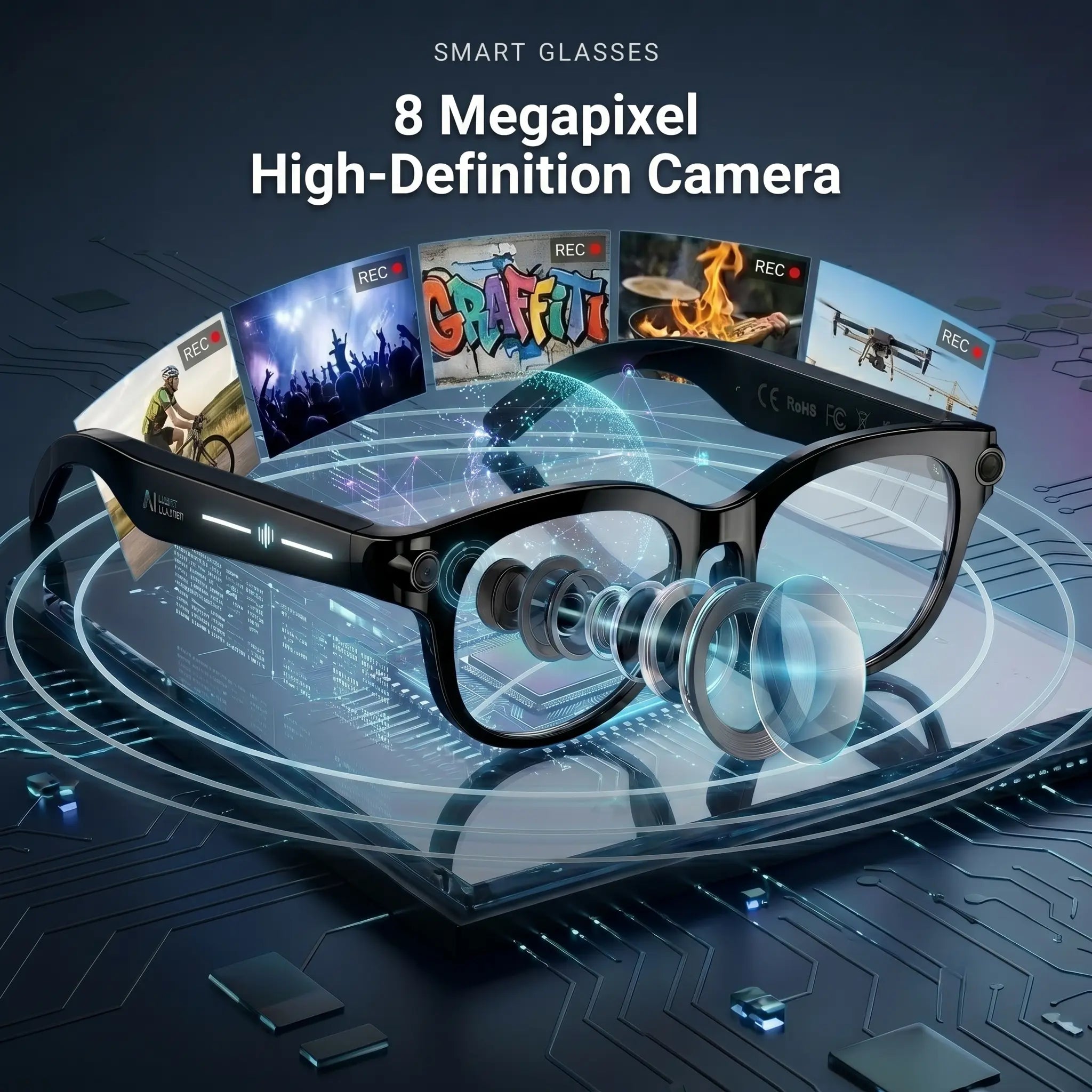 Smart AI Glasses with 8MP HD POV Camera - Button Touch Adjustment, Hands-Free Photography, Real-Time Multi-Language Translation, Bluetooth Wireless Video Recording, Portable Wearable - Ideal for Vlog,Travel, Outdoor,Sport, Father'S Day Gift