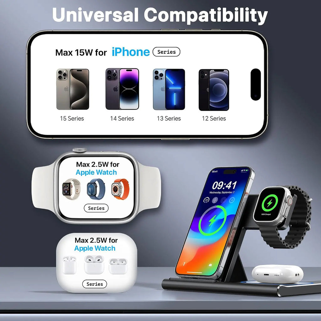 3 in 1 Charging Station, Charging Station for Apple Devices, Wireless Charger for Iphone 16 15 14 13 12 11 Pro Max XR XS 8, Apple Watch and Airpods(Adapter Not Included)(Rock Black)