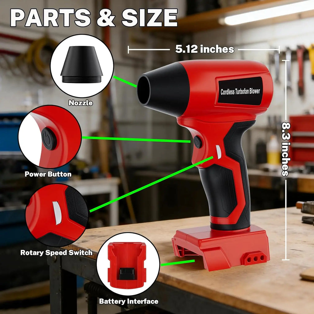 Awoyisa Cordless Dust Cleaning Blower, Compatible with Milwaukee M18 18V Battery. This Handheld Leaf Blower with Turbo Jet Fan and Nozzles Works Great for Garden Maintenance, Car Drying, Leaf and Dust Removal. （Battery Not Included.）