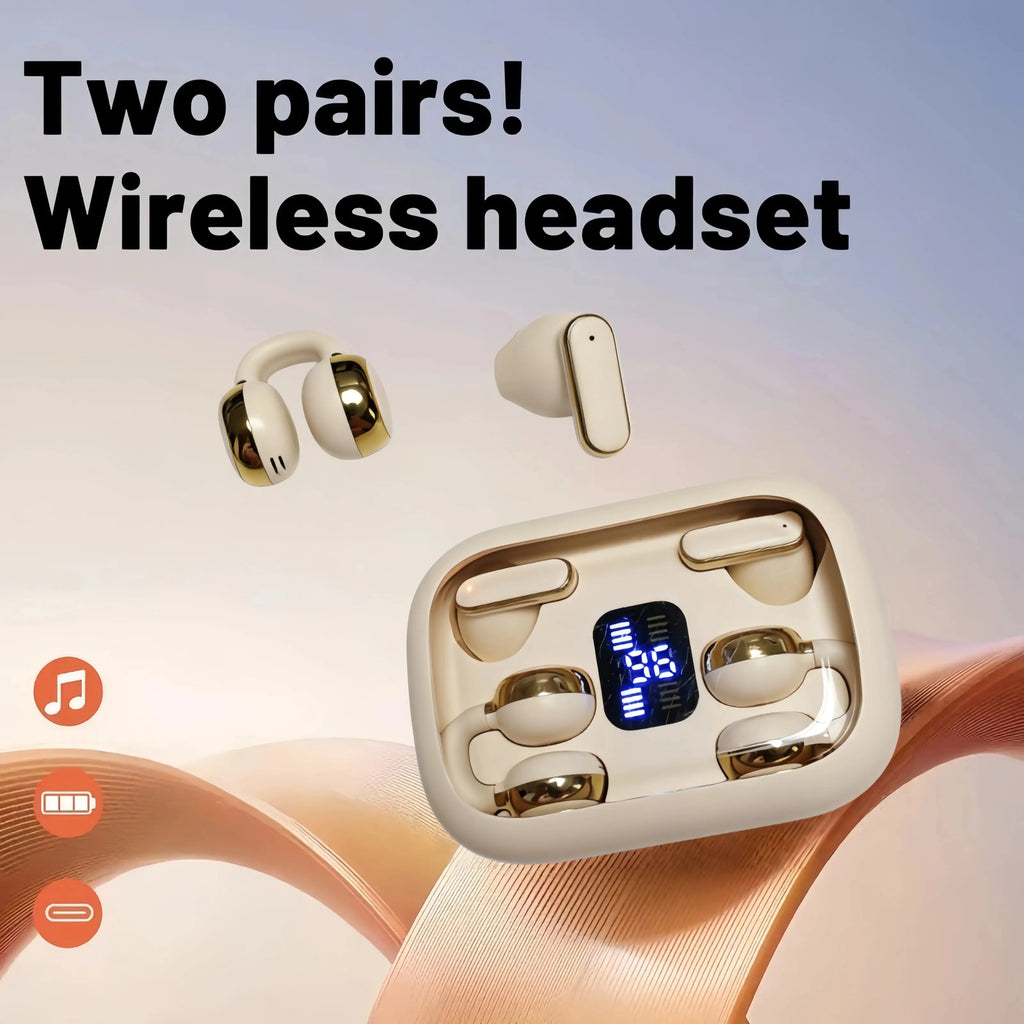 FLUFFDRIP Q10 [2-Pair Pack] Open-Ear Clip-On Wireless Earbuds (4 Units Total) — Mini Bluetooth Headphones with LED Digital Display Charging Case | Touch Controls | Open-Ear Sports Earphones Designed for Fitness & Running#Summerwins #Dealsforyoudays