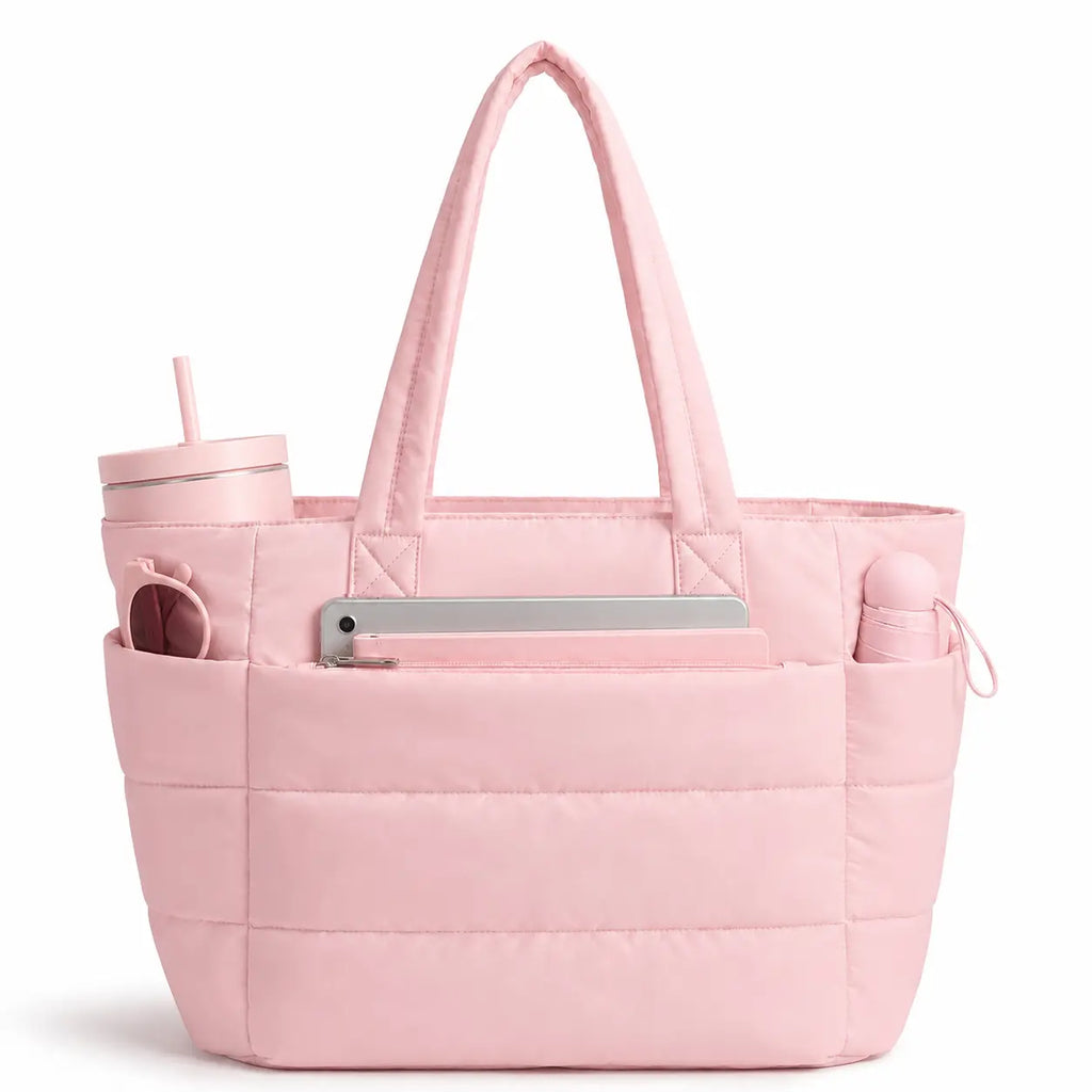 Fiveseasonhome 20L Puffy Quilted Tote Bag for Women, Lightweight Bubble Nylon Laptop Shoulder Bag with Built-In 40Oz Cup Holder & Multiple Compartments, Large Work Travel College Commute Handbag Fits 15.6 Inch Laptop