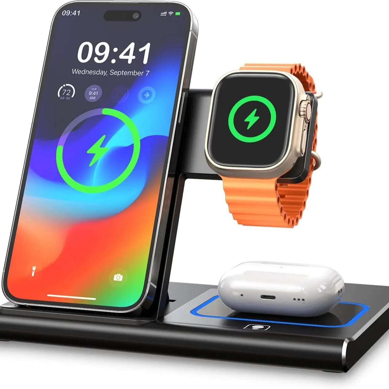 3 in 1 Charging Station, Charging Station for Apple Devices, Wireless Charger for Iphone 16 15 14 13 12 11 Pro Max XR XS 8, Apple Watch and Airpods(Adapter Not Included)(Rock Black)